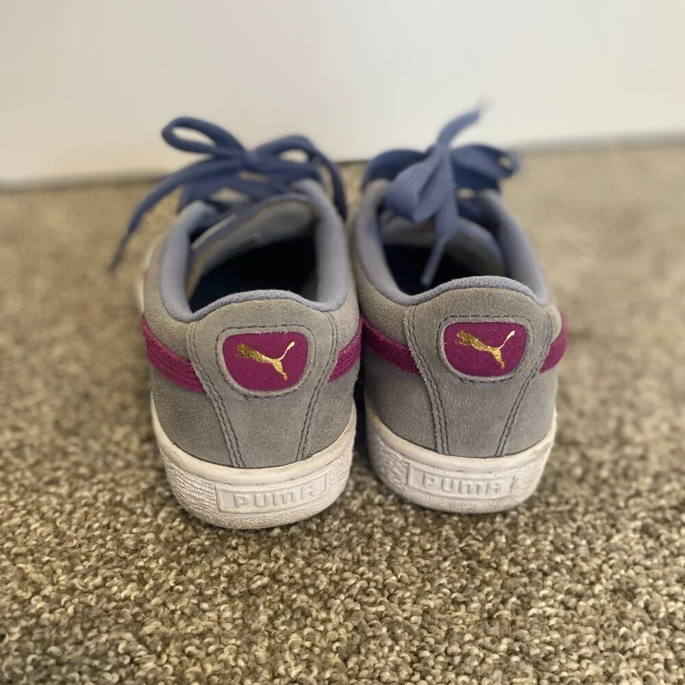 Puma Suede Grey Blue Purple‎ Sneakers Shoes School Kids Girls Youth Size 4 - Picture 3 of 8